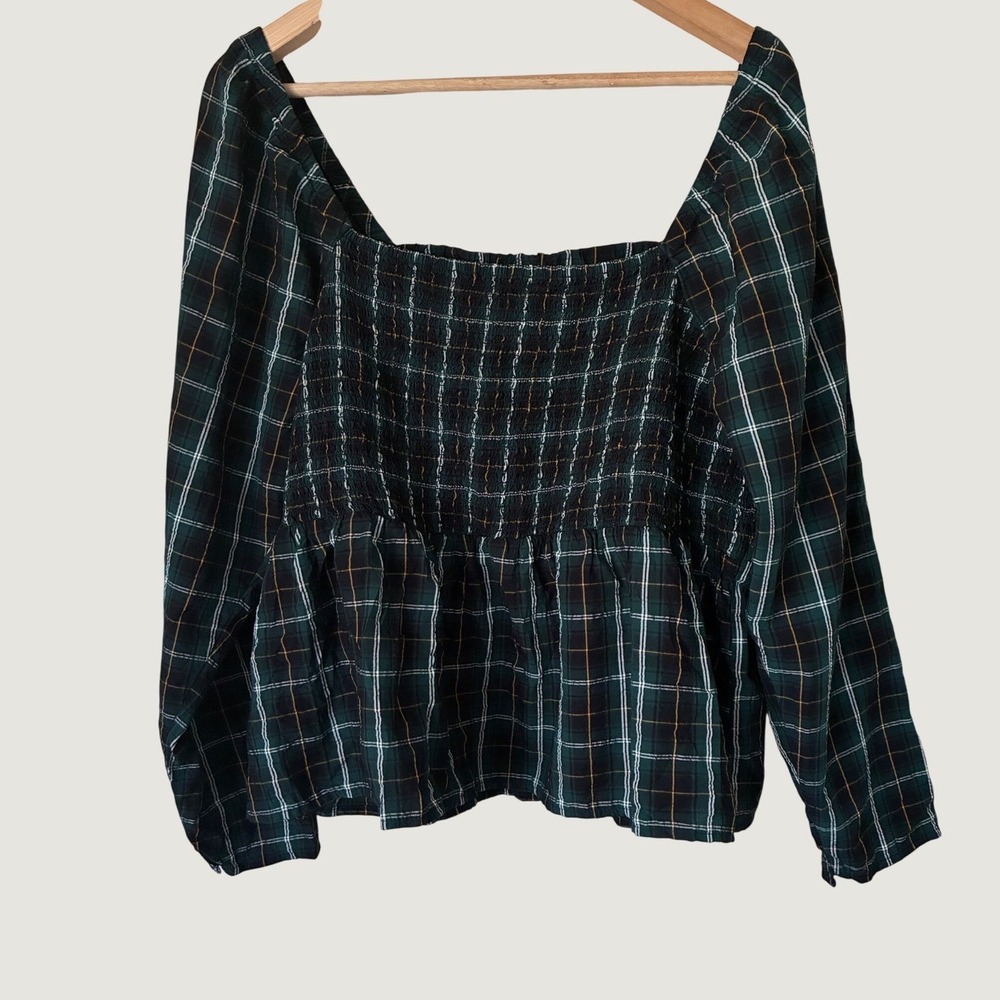 Old Navy XL Plaid Smocked Peplum Blouse Green Square Neck Top Dark Academia